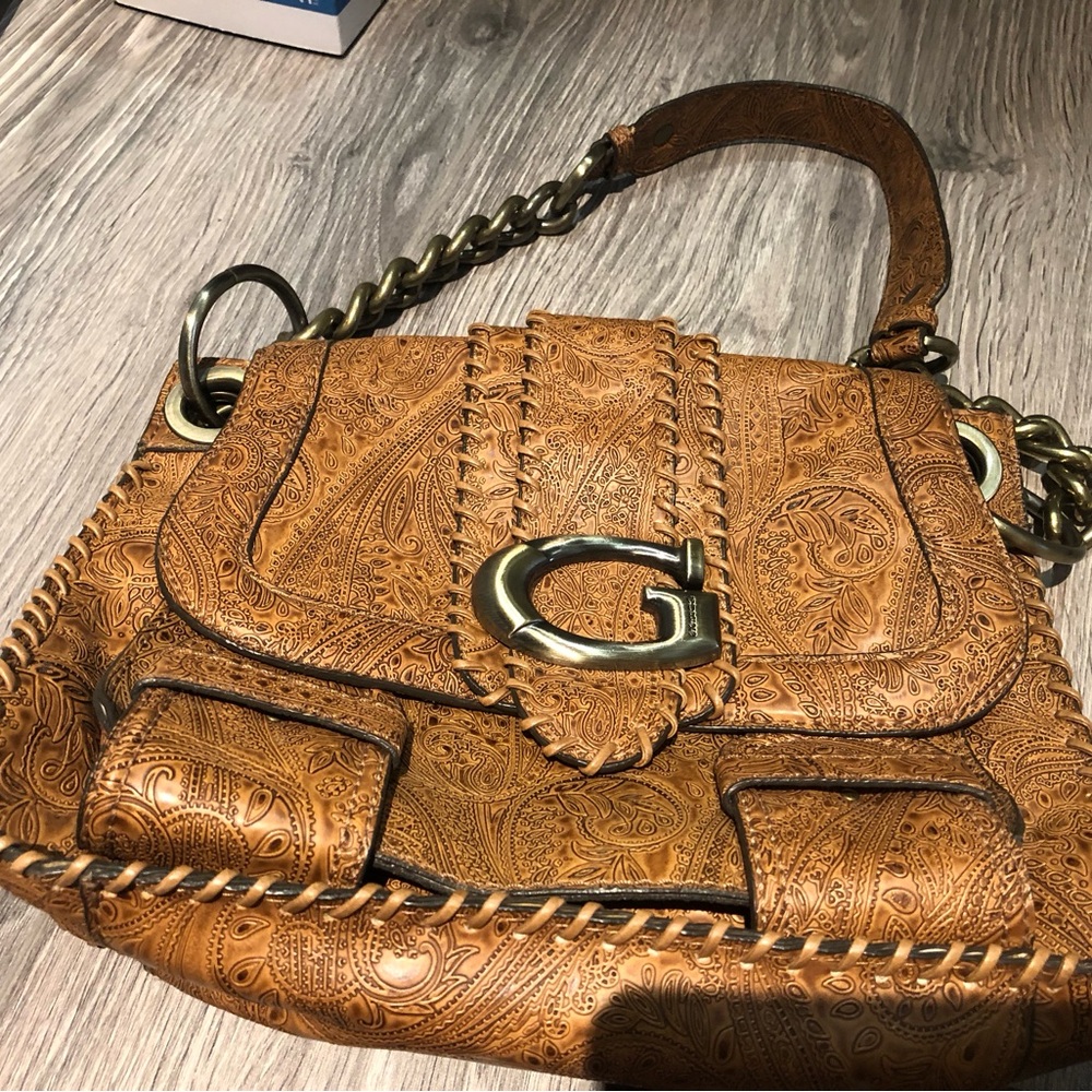 Guess Tan Leather Shoulder Bag with G Hardware